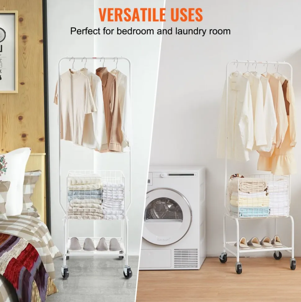 VEVOR Metal Rolling Laundry Basket with Hanging Garment Rack, Height Adjustment Laundry Hamper Cart with Basket Load and Shelf Load, Storage Organizer with Heavy Duty Lockable Wheels