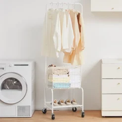VEVOR Metal Rolling Laundry Basket with Hanging Garment Rack, Height Adjustment Laundry Hamper Cart with Basket Load and Shelf Load, Storage Organizer with Heavy Duty Lockable Wheels