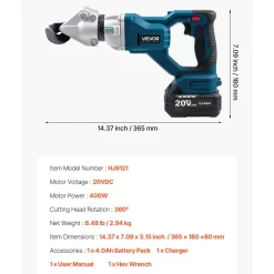 VEVOR Metal Shear, Cordless Sheet Metal Cutter with 360-Degree Pivoting Head, Double Blades, 110VAC 20VDC, Cuts 18 GA Galvanized Steel, 20 GA Stainless Steel, Aluminum, Plastic, Cardboard, 2800SPM