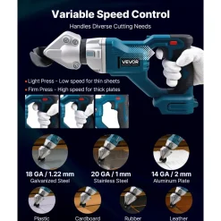 VEVOR Metal Shear, Sheet Metal Cutter Cordless with 360-Degree Pivoting Head, Double Blades, 25000 RPM Speed, Cuts 18 GA Galvanized Steel, 20 GA Stainless Steel, Aluminum Plate, Plastic, Cardboard