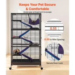 VEVOR Metal Small Animal Cage 39.8"H 3-Tier Rolling Ferret Cage On Wheels, 0.55" Wire Spacing Large Cages with Hammock, Ramps, Tray & Doors for Ferret, Chinchilla, Sugar Glider, Guinea Pig & Rabbit