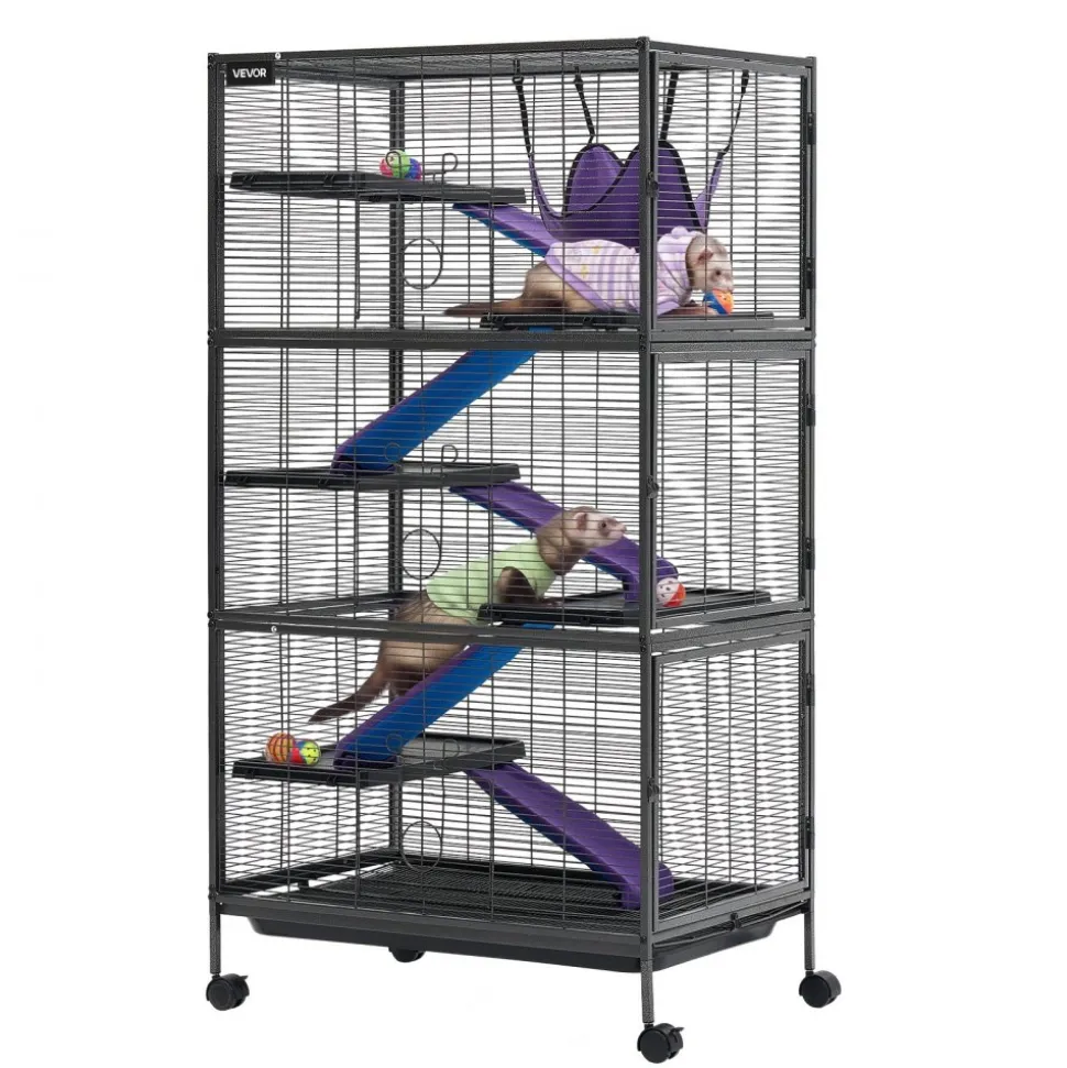 VEVOR Metal Small Animal Cage 39.8"H 3-Tier Rolling Ferret Cage On Wheels, 0.55" Wire Spacing Large Cages with Hammock, Ramps, Tray & Doors for Ferret, Chinchilla, Sugar Glider, Guinea Pig & Rabbit