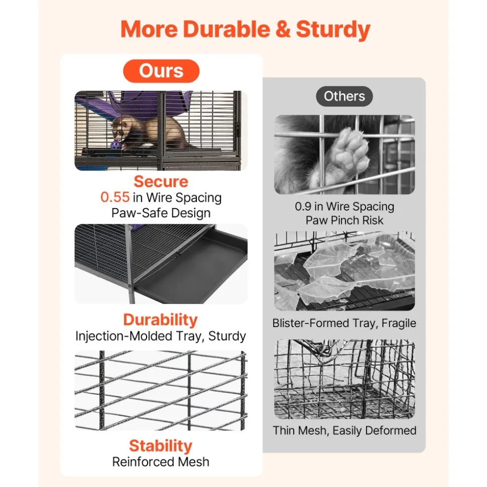 VEVOR Metal Small Animal Cage 39.8"H 3-Tier Rolling Ferret Cage On Wheels, 0.55" Wire Spacing Large Cages with Hammock, Ramps, Tray & Doors for Ferret, Chinchilla, Sugar Glider, Guinea Pig & Rabbit