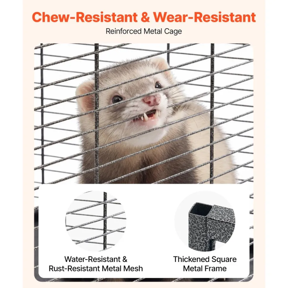 VEVOR Metal Small Animal Cage 39.8"H 3-Tier Rolling Ferret Cage On Wheels, 0.55" Wire Spacing Large Cages with Hammock, Ramps, Tray & Doors for Ferret, Chinchilla, Sugar Glider, Guinea Pig & Rabbit