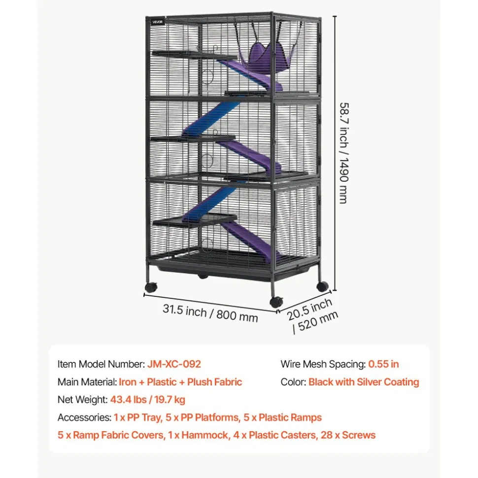 VEVOR Metal Small Animal Cage 39.8"H 3-Tier Rolling Ferret Cage On Wheels, 0.55" Wire Spacing Large Cages with Hammock, Ramps, Tray & Doors for Ferret, Chinchilla, Sugar Glider, Guinea Pig & Rabbit