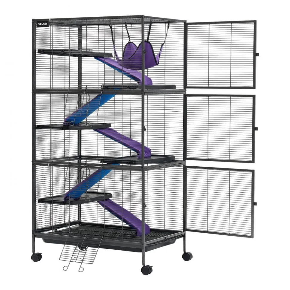 VEVOR Metal Small Animal Cage 39.8"H 3-Tier Rolling Ferret Cage On Wheels, 0.55" Wire Spacing Large Cages with Hammock, Ramps, Tray & Doors for Ferret, Chinchilla, Sugar Glider, Guinea Pig & Rabbit