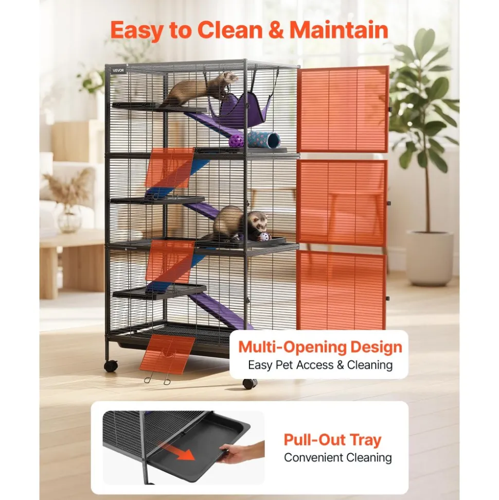 VEVOR Metal Small Animal Cage 39.8"H 3-Tier Rolling Ferret Cage On Wheels, 0.55" Wire Spacing Large Cages with Hammock, Ramps, Tray & Doors for Ferret, Chinchilla, Sugar Glider, Guinea Pig & Rabbit