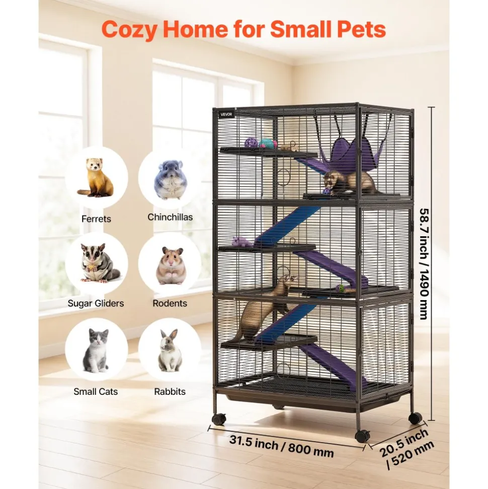 VEVOR Metal Small Animal Cage 39.8"H 3-Tier Rolling Ferret Cage On Wheels, 0.55" Wire Spacing Large Cages with Hammock, Ramps, Tray & Doors for Ferret, Chinchilla, Sugar Glider, Guinea Pig & Rabbit