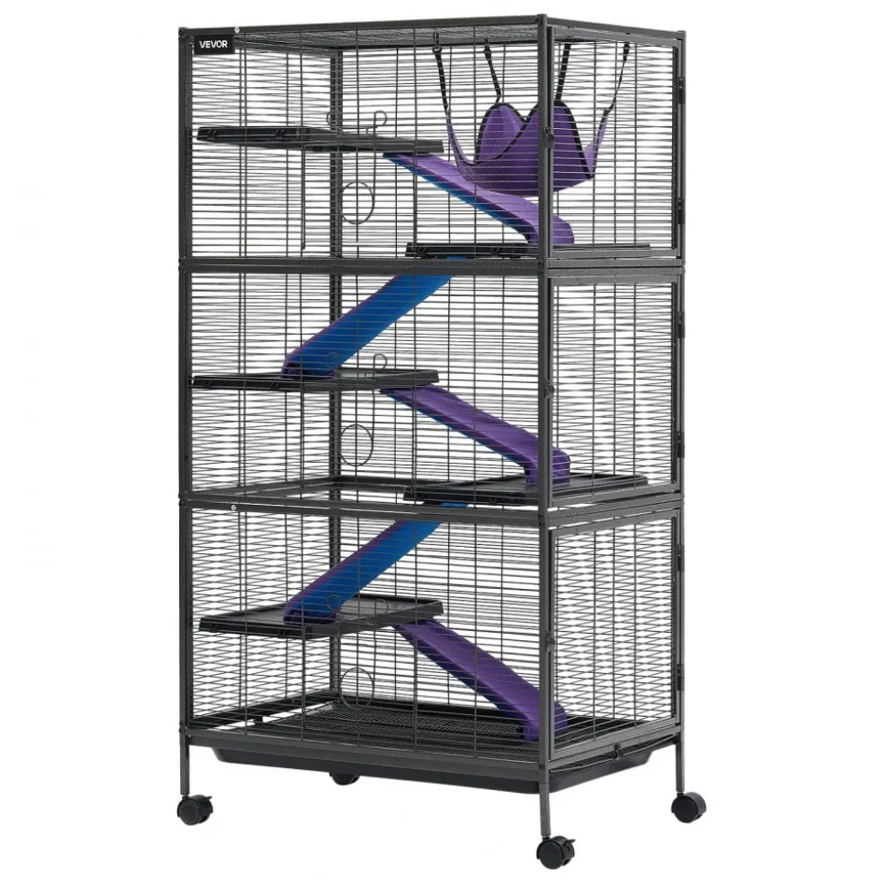 VEVOR Metal Small Animal Cage 39.8"H 3-Tier Rolling Ferret Cage On Wheels, 0.55" Wire Spacing Large Cages with Hammock, Ramps, Tray & Doors for Ferret, Chinchilla, Sugar Glider, Guinea Pig & Rabbit