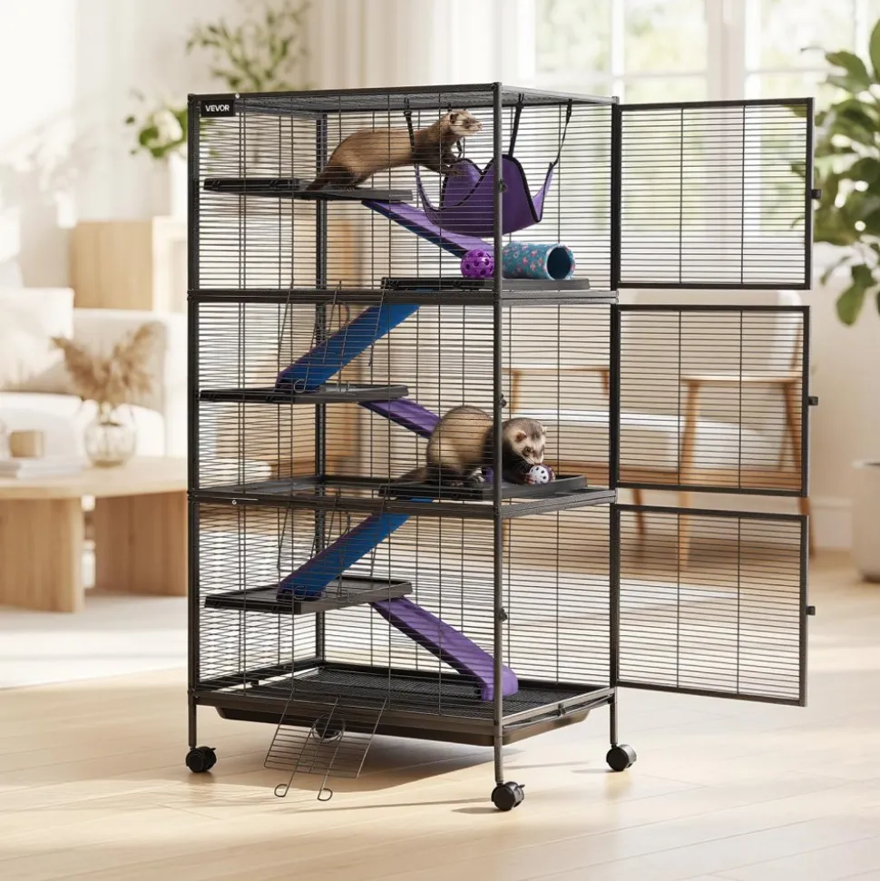 VEVOR Metal Small Animal Cage 39.8"H 3-Tier Rolling Ferret Cage On Wheels, 0.55" Wire Spacing Large Cages with Hammock, Ramps, Tray & Doors for Ferret, Chinchilla, Sugar Glider, Guinea Pig & Rabbit