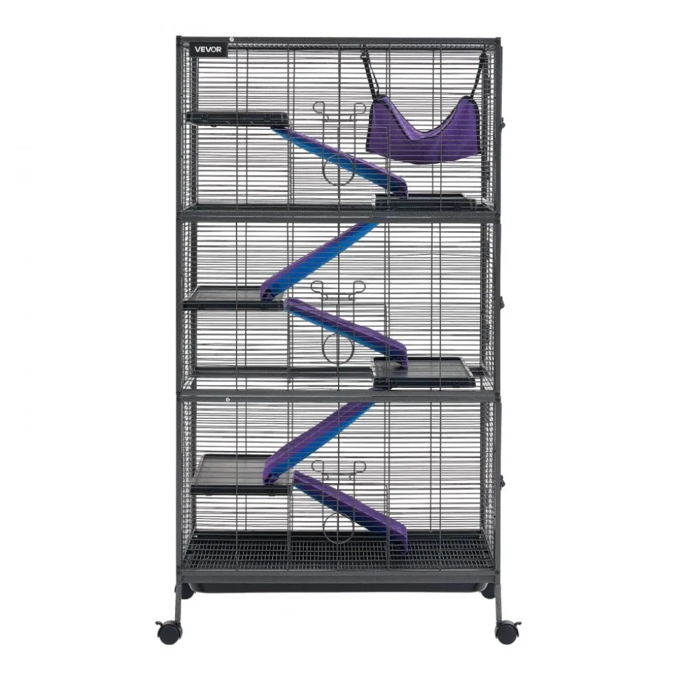VEVOR Metal Small Animal Cage 39.8"H 3-Tier Rolling Ferret Cage On Wheels, 0.55" Wire Spacing Large Cages with Hammock, Ramps, Tray & Doors for Ferret, Chinchilla, Sugar Glider, Guinea Pig & Rabbit