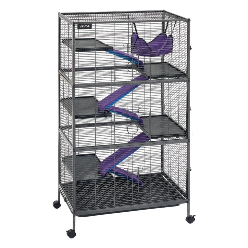 VEVOR Metal Small Animal Cage 39.8"H 3-Tier Rolling Ferret Cage On Wheels, 0.55" Wire Spacing Large Cages with Hammock, Ramps, Tray & Doors for Ferret, Chinchilla, Sugar Glider, Guinea Pig & Rabbit