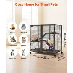 VEVOR Metal Small Animal Cage 37.8"H 3-Tier Rolling Ferret Cage On Wheels, 0.55" Wire Spacing Large Cages with Ramps, Platform, Tray & Doors for Ferret, Chinchilla, Sugar Glider, Guinea Pig & Rabbit