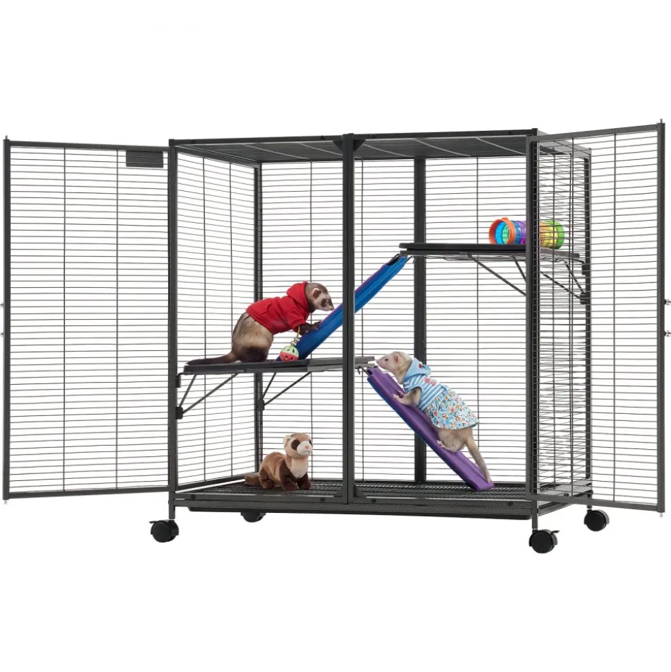 VEVOR Metal Small Animal Cage 37.8"H 3-Tier Rolling Ferret Cage On Wheels, 0.55" Wire Spacing Large Cages with Ramps, Platform, Tray & Doors for Ferret, Chinchilla, Sugar Glider, Guinea Pig & Rabbit