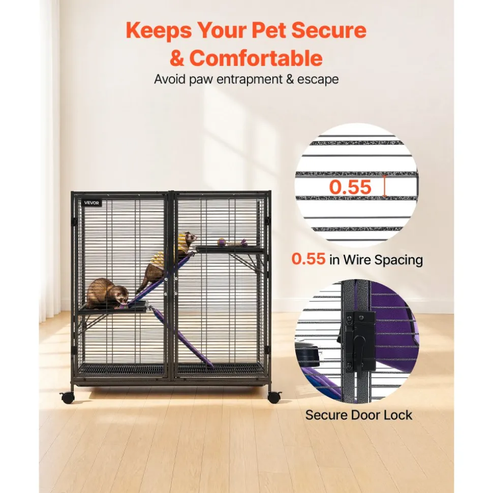 VEVOR Metal Small Animal Cage 37.8"H 3-Tier Rolling Ferret Cage On Wheels, 0.55" Wire Spacing Large Cages with Ramps, Platform, Tray & Doors for Ferret, Chinchilla, Sugar Glider, Guinea Pig & Rabbit