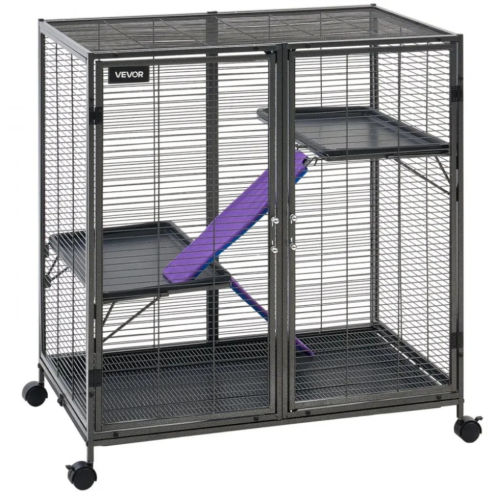 VEVOR Metal Small Animal Cage 37.8"H 3-Tier Rolling Ferret Cage On Wheels, 0.55" Wire Spacing Large Cages with Ramps, Platform, Tray & Doors for Ferret, Chinchilla, Sugar Glider, Guinea Pig & Rabbit