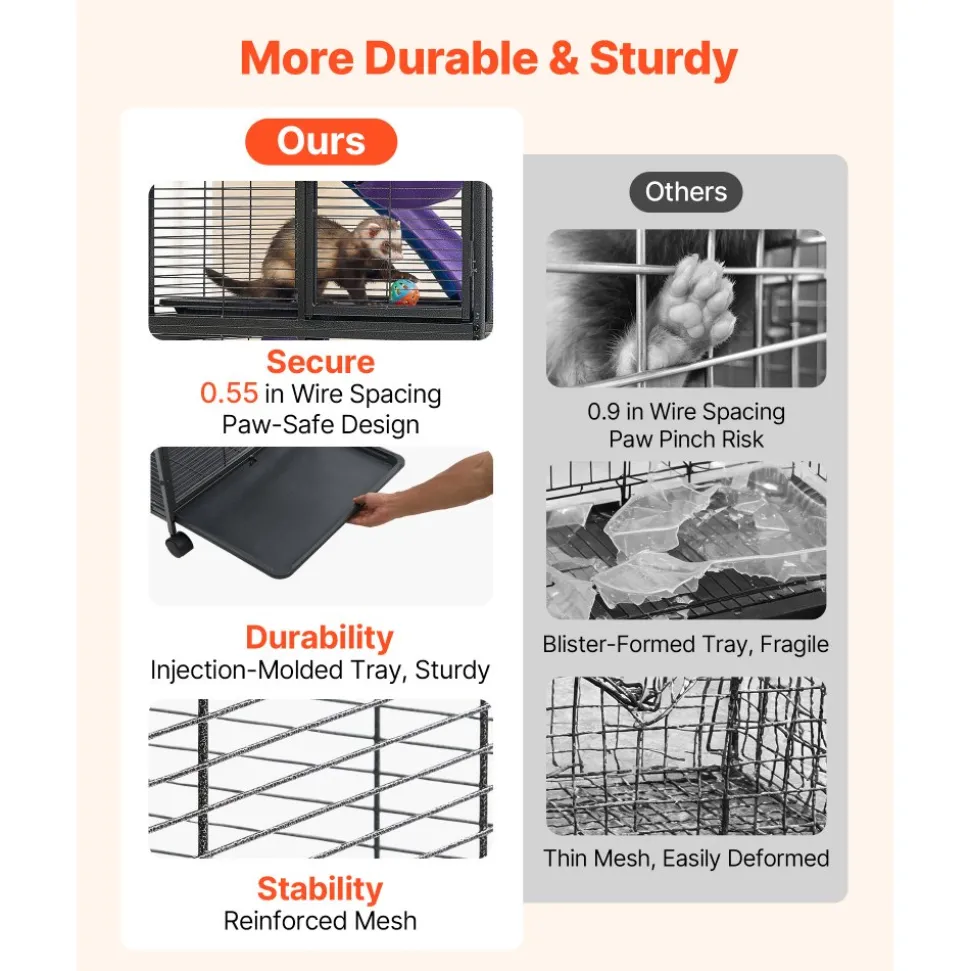 VEVOR Metal Small Animal Cage 37.8"H 3-Tier Rolling Ferret Cage On Wheels, 0.55" Wire Spacing Large Cages with Ramps, Platform, Tray & Doors for Ferret, Chinchilla, Sugar Glider, Guinea Pig & Rabbit