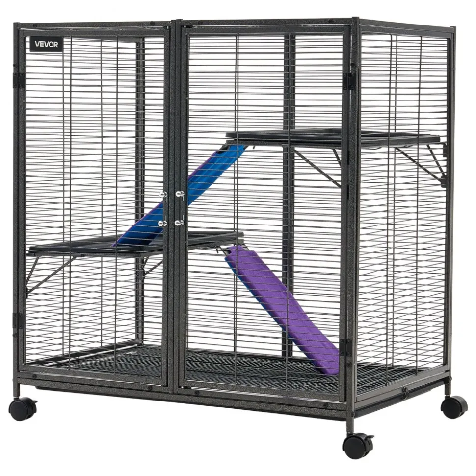 VEVOR Metal Small Animal Cage 37.8"H 3-Tier Rolling Ferret Cage On Wheels, 0.55" Wire Spacing Large Cages with Ramps, Platform, Tray & Doors for Ferret, Chinchilla, Sugar Glider, Guinea Pig & Rabbit