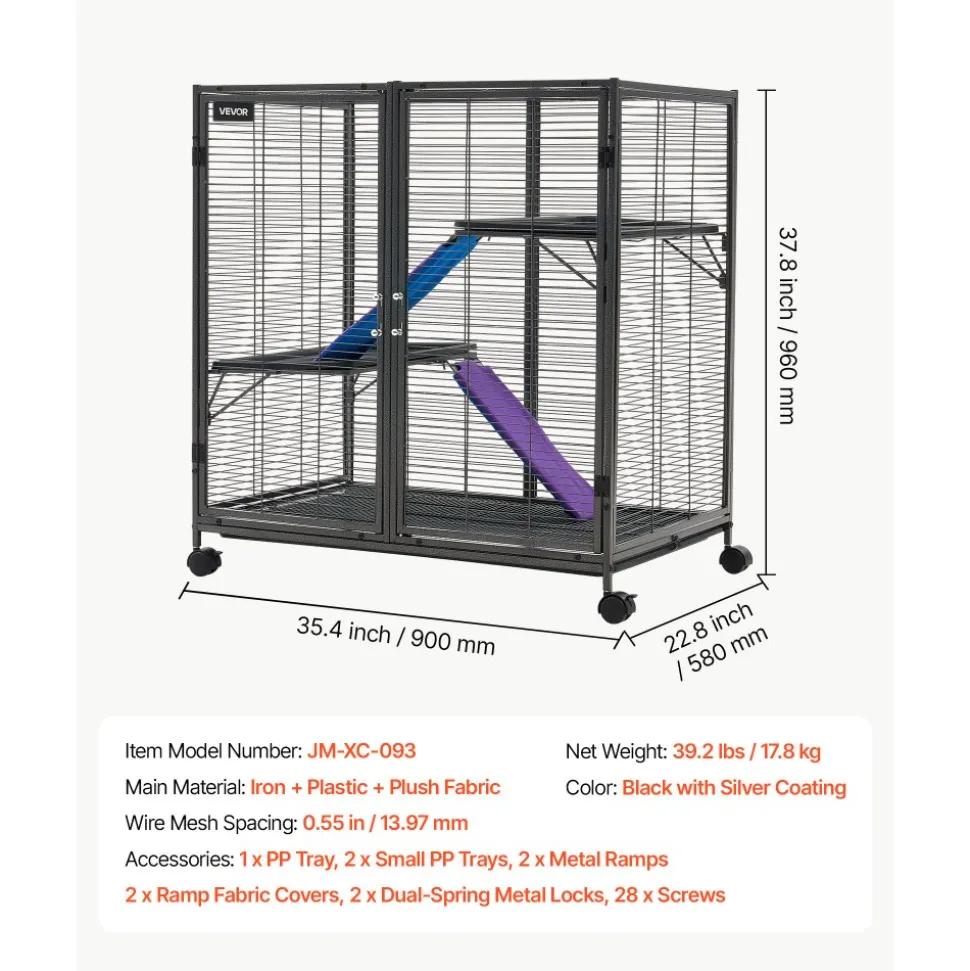 VEVOR Metal Small Animal Cage 37.8"H 3-Tier Rolling Ferret Cage On Wheels, 0.55" Wire Spacing Large Cages with Ramps, Platform, Tray & Doors for Ferret, Chinchilla, Sugar Glider, Guinea Pig & Rabbit