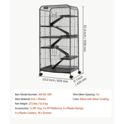 VEVOR Metal Small Animal Cage 50"H 5-Tier Rolling Ferret Cage On Wheels, 0.55" Wire Spacing Large Cages with Hammock, Ramps, Tray & Doors for Ferret, Chinchilla, Sugar Glider, Guinea Pig & Rabbit