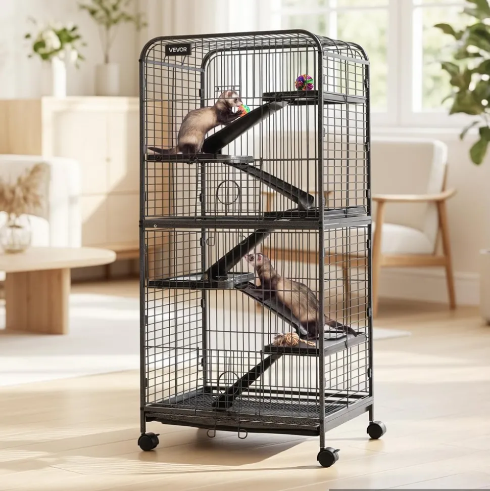 VEVOR Metal Small Animal Cage 50"H 5-Tier Rolling Ferret Cage On Wheels, 0.55" Wire Spacing Large Cages with Hammock, Ramps, Tray & Doors for Ferret, Chinchilla, Sugar Glider, Guinea Pig & Rabbit