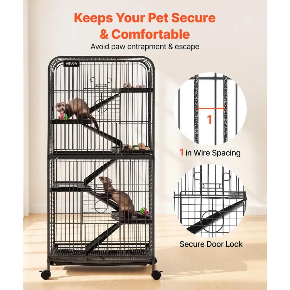 VEVOR Metal Small Animal Cage 50"H 5-Tier Rolling Ferret Cage On Wheels, 0.55" Wire Spacing Large Cages with Hammock, Ramps, Tray & Doors for Ferret, Chinchilla, Sugar Glider, Guinea Pig & Rabbit