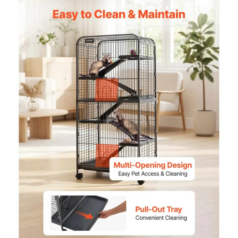 VEVOR Metal Small Animal Cage 50"H 5-Tier Rolling Ferret Cage On Wheels, 0.55" Wire Spacing Large Cages with Hammock, Ramps, Tray & Doors for Ferret, Chinchilla, Sugar Glider, Guinea Pig & Rabbit