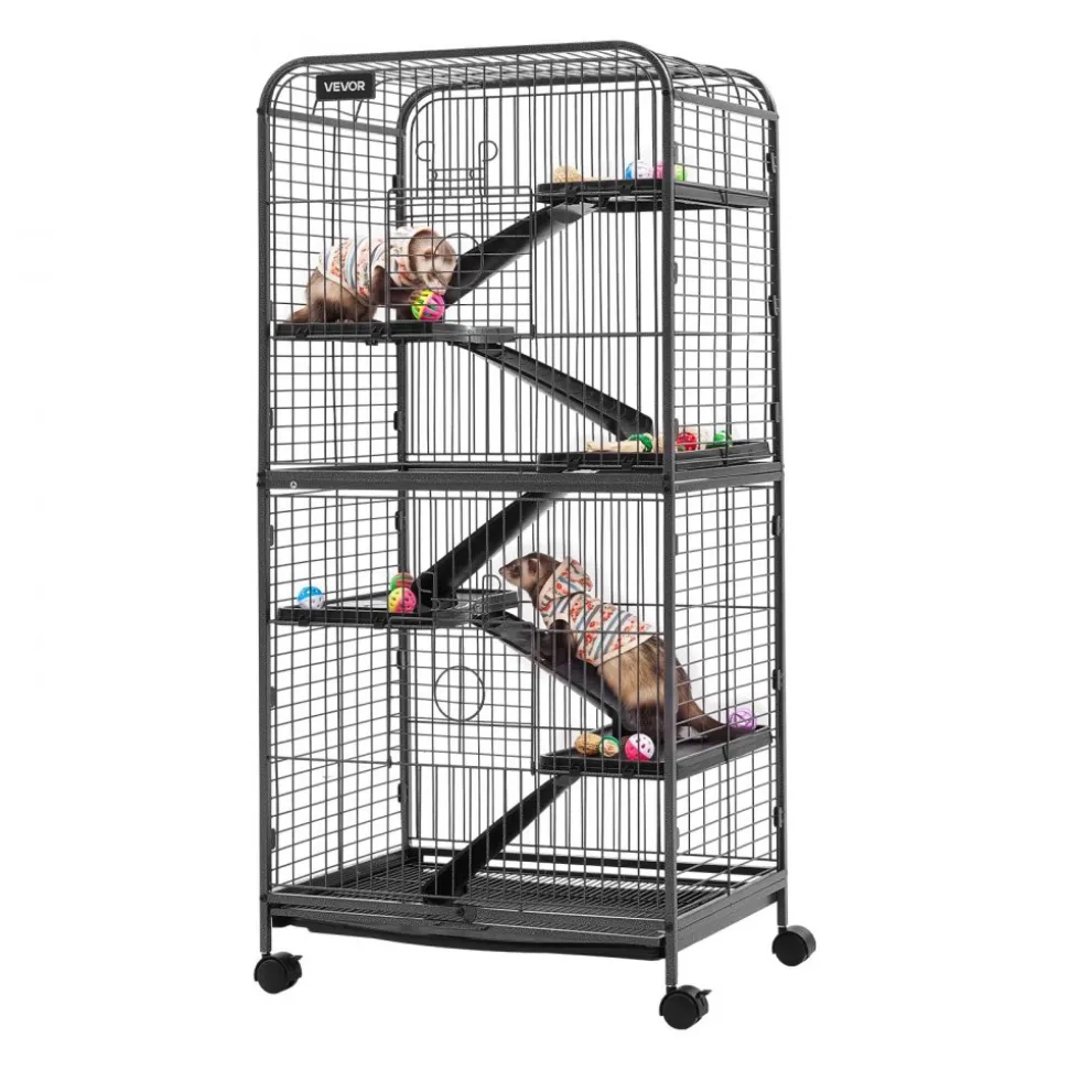 VEVOR Metal Small Animal Cage 50"H 5-Tier Rolling Ferret Cage On Wheels, 0.55" Wire Spacing Large Cages with Hammock, Ramps, Tray & Doors for Ferret, Chinchilla, Sugar Glider, Guinea Pig & Rabbit