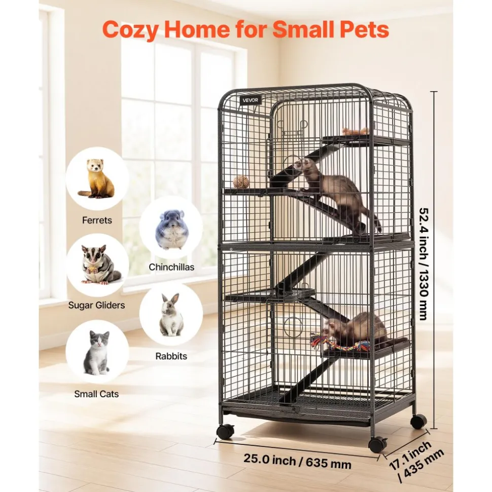 VEVOR Metal Small Animal Cage 50"H 5-Tier Rolling Ferret Cage On Wheels, 0.55" Wire Spacing Large Cages with Hammock, Ramps, Tray & Doors for Ferret, Chinchilla, Sugar Glider, Guinea Pig & Rabbit