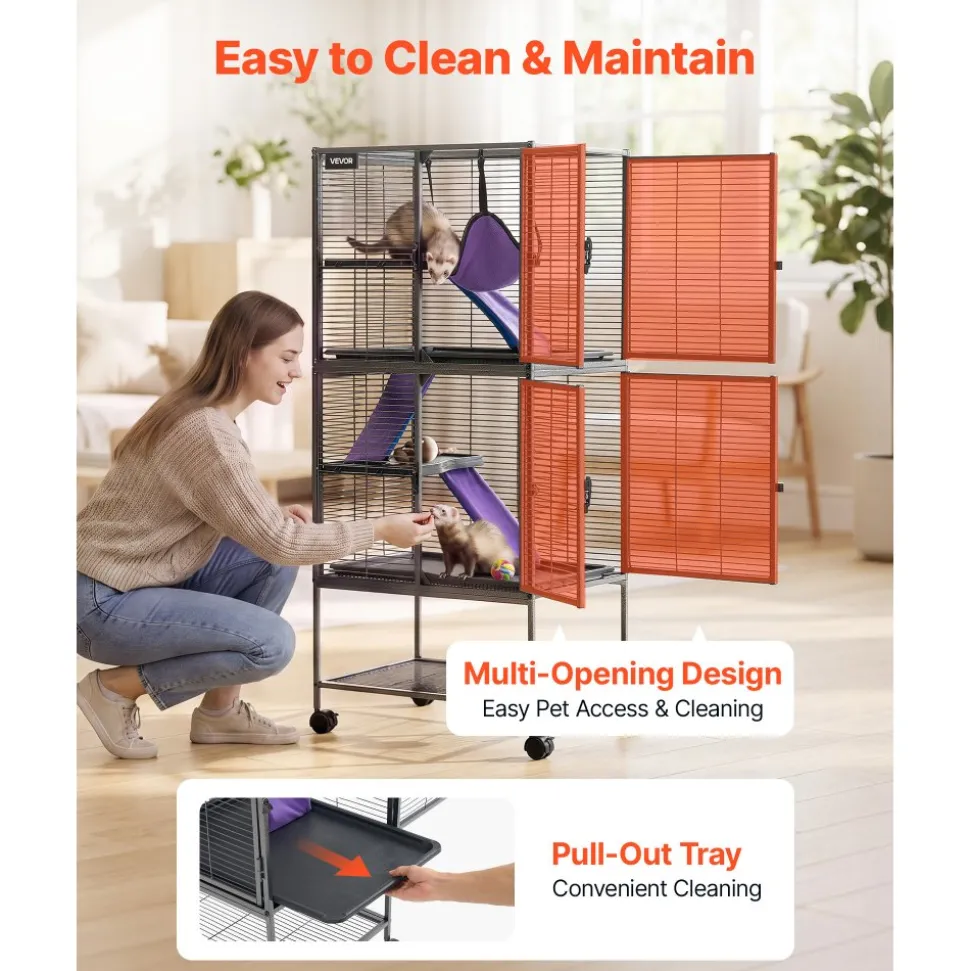 VEVOR Metal Small Animal Cage 51.2"H 4-Tier Rolling Ferret Cage On Wheels, 0.55" Wire Spacing Large Cages with Hammock, Ramps, Tray & Doors for Ferret, Chinchilla, Sugar Glider, Guinea Pig & Rabbit