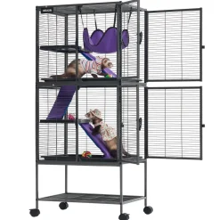 VEVOR Metal Small Animal Cage 51.2"H 4-Tier Rolling Ferret Cage On Wheels, 0.55" Wire Spacing Large Cages with Hammock, Ramps, Tray & Doors for Ferret, Chinchilla, Sugar Glider, Guinea Pig & Rabbit