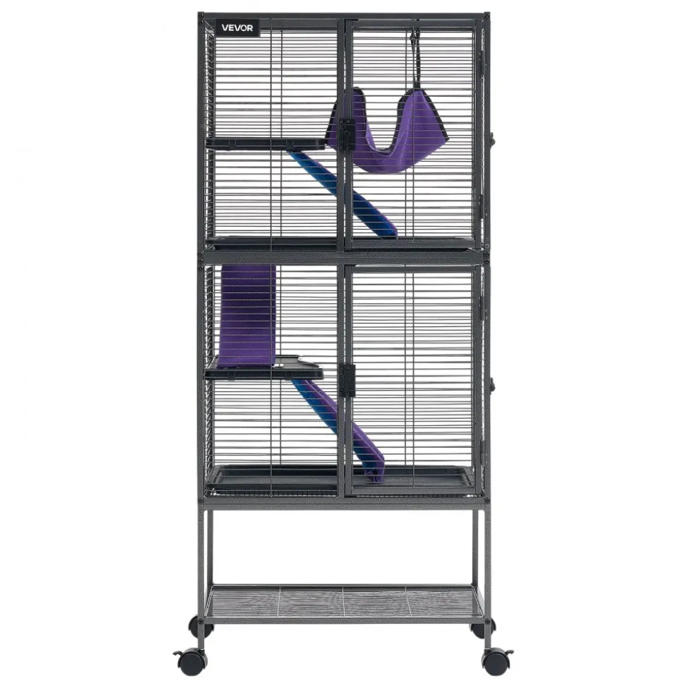 VEVOR Metal Small Animal Cage 51.2"H 4-Tier Rolling Ferret Cage On Wheels, 0.55" Wire Spacing Large Cages with Hammock, Ramps, Tray & Doors for Ferret, Chinchilla, Sugar Glider, Guinea Pig & Rabbit