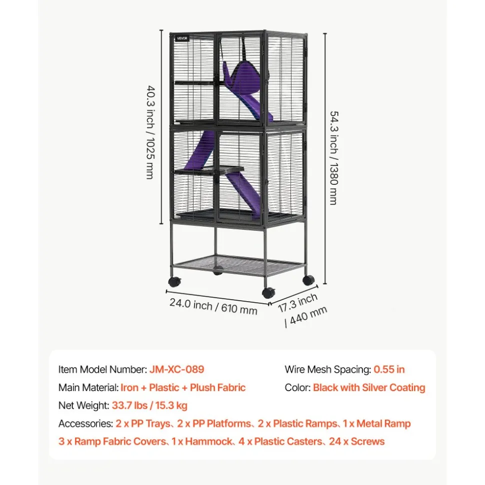 VEVOR Metal Small Animal Cage 51.2"H 4-Tier Rolling Ferret Cage On Wheels, 0.55" Wire Spacing Large Cages with Hammock, Ramps, Tray & Doors for Ferret, Chinchilla, Sugar Glider, Guinea Pig & Rabbit