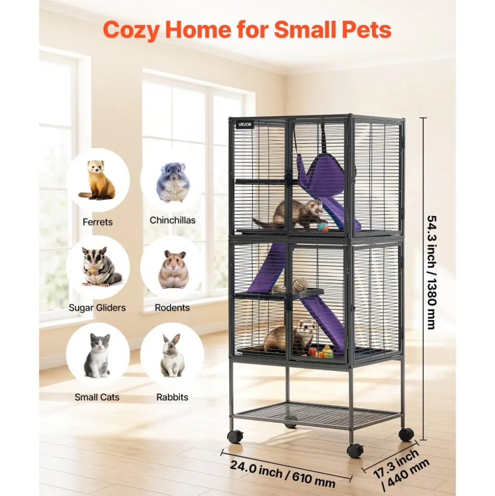 VEVOR Metal Small Animal Cage 51.2"H 4-Tier Rolling Ferret Cage On Wheels, 0.55" Wire Spacing Large Cages with Hammock, Ramps, Tray & Doors for Ferret, Chinchilla, Sugar Glider, Guinea Pig & Rabbit