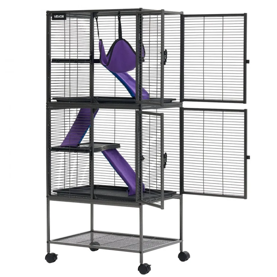 VEVOR Metal Small Animal Cage 51.2"H 4-Tier Rolling Ferret Cage On Wheels, 0.55" Wire Spacing Large Cages with Hammock, Ramps, Tray & Doors for Ferret, Chinchilla, Sugar Glider, Guinea Pig & Rabbit