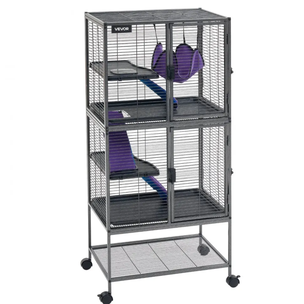 VEVOR Metal Small Animal Cage 51.2"H 4-Tier Rolling Ferret Cage On Wheels, 0.55" Wire Spacing Large Cages with Hammock, Ramps, Tray & Doors for Ferret, Chinchilla, Sugar Glider, Guinea Pig & Rabbit