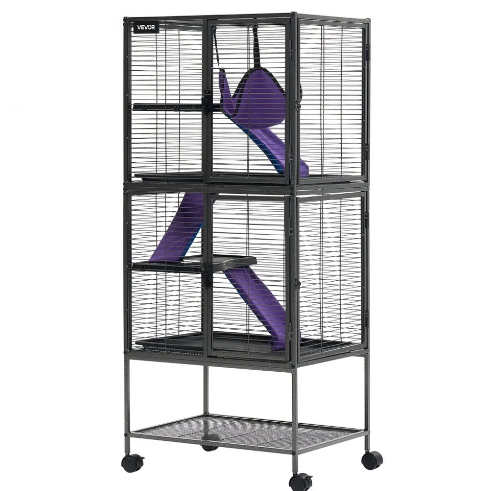 VEVOR Metal Small Animal Cage 51.2"H 4-Tier Rolling Ferret Cage On Wheels, 0.55" Wire Spacing Large Cages with Hammock, Ramps, Tray & Doors for Ferret, Chinchilla, Sugar Glider, Guinea Pig & Rabbit