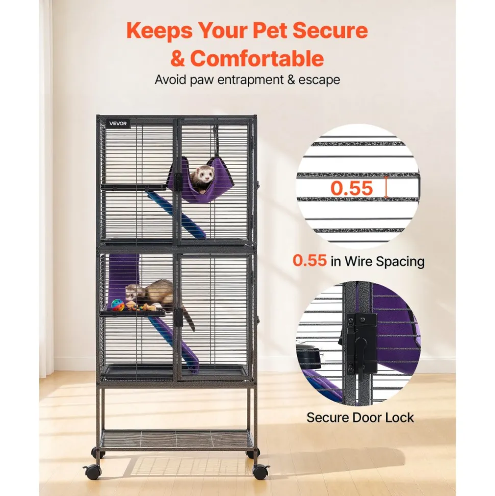 VEVOR Metal Small Animal Cage 51.2"H 4-Tier Rolling Ferret Cage On Wheels, 0.55" Wire Spacing Large Cages with Hammock, Ramps, Tray & Doors for Ferret, Chinchilla, Sugar Glider, Guinea Pig & Rabbit