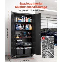 VEVOR Metal Storage Cabinet, 72.6 in Rolling Steel Garage Cabinet with 4 Adjustable Shelves, 2 Magnetic Doors & 2 Keys, 5 Tiers Lockable Tool Storage for Pantry, Warehouse, Basement, Office, Black