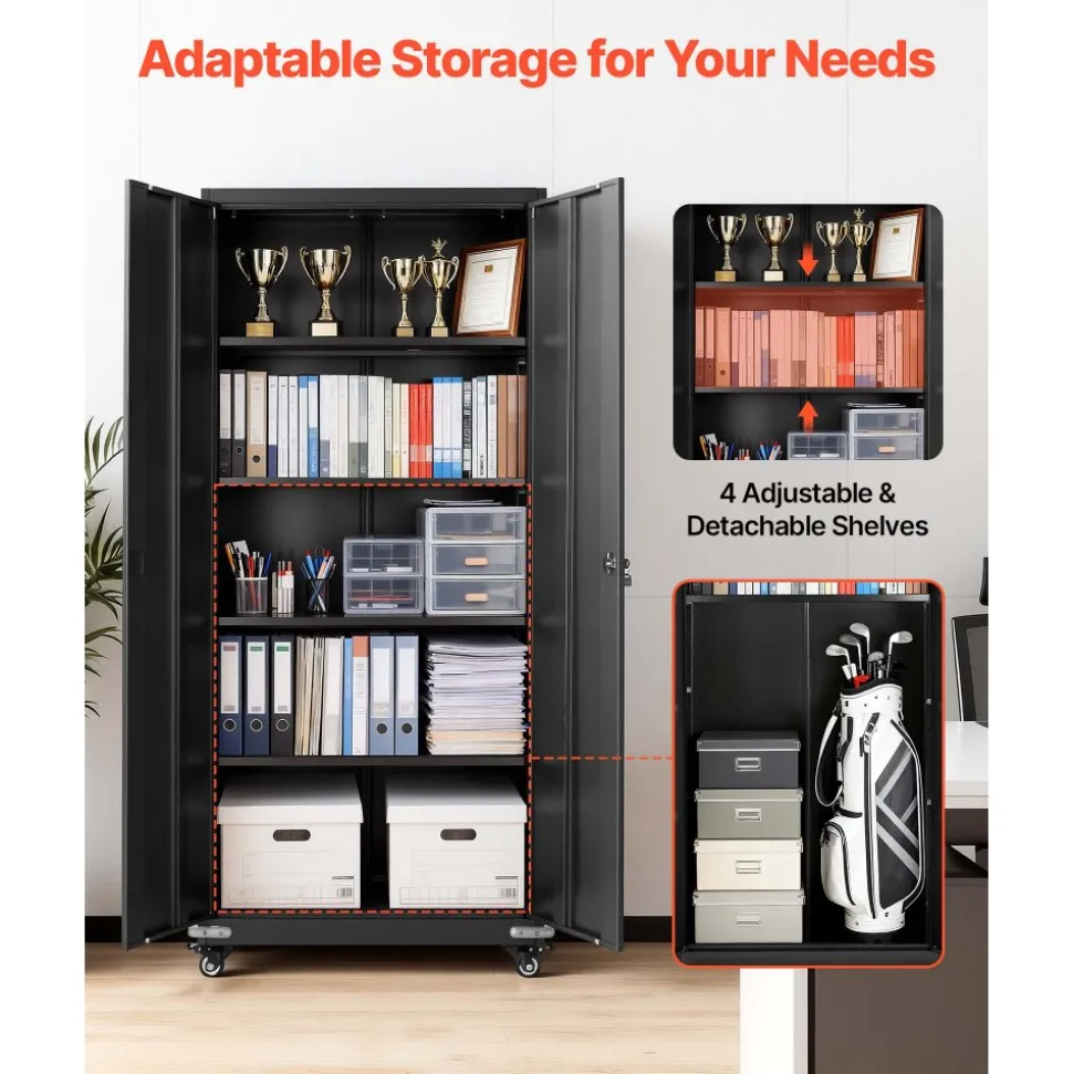 VEVOR Metal Storage Cabinet, 72.6 in Rolling Steel Garage Cabinet with 4 Adjustable Shelves, 2 Magnetic Doors & 2 Keys, 5 Tiers Lockable Tool Storage for Pantry, Warehouse, Basement, Office, Black