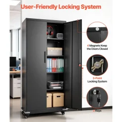 VEVOR Metal Storage Cabinet, 72.6 in Rolling Steel Garage Cabinet with 4 Adjustable Shelves, 2 Magnetic Doors & 2 Keys, 5 Tiers Lockable Tool Storage for Pantry, Warehouse, Basement, Office, Black