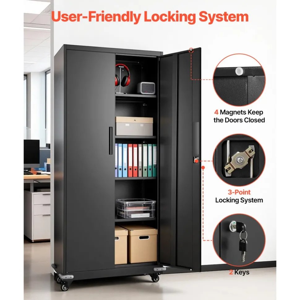 VEVOR Metal Storage Cabinet, 72.6 in Rolling Steel Garage Cabinet with 4 Adjustable Shelves, 2 Magnetic Doors & 2 Keys, 5 Tiers Lockable Tool Storage for Pantry, Warehouse, Basement, Office, Black