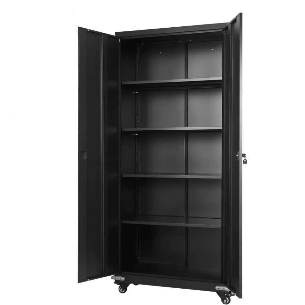 VEVOR Metal Storage Cabinet, 72.6 in Rolling Steel Garage Cabinet with 4 Adjustable Shelves, 2 Magnetic Doors & 2 Keys, 5 Tiers Lockable Tool Storage for Pantry, Warehouse, Basement, Office, Black