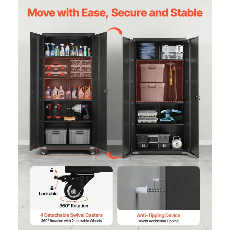 VEVOR Metal Storage Cabinet, 72.6 in Rolling Steel Garage Cabinet with 4 Adjustable Shelves, 2 Magnetic Doors & 2 Keys, 5 Tiers Lockable Tool Storage for Pantry, Warehouse, Basement, Office, Black