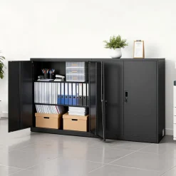 VEVOR Metal Storage Cabinet, 41.7 in Steel Garage Cabinet with 2 Adjustable Shelves, 2 Magnetic Doors & 2 Keys, 3 Tiers Lockable Tool Storage for Pantry, Warehouse, Basement, Office, Black
