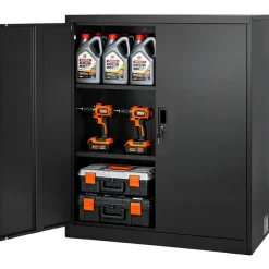 VEVOR Metal Storage Cabinet, 41.7 in Steel Garage Cabinet with 2 Adjustable Shelves, 2 Magnetic Doors & 2 Keys, 3 Tiers Lockable Tool Storage for Pantry, Warehouse, Basement, Office, Black