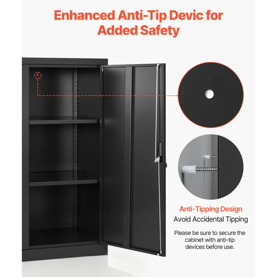 VEVOR Metal Storage Cabinet, 41.7 in Steel Garage Cabinet with 2 Adjustable Shelves, 2 Magnetic Doors & 2 Keys, 3 Tiers Lockable Tool Storage for Pantry, Warehouse, Basement, Office, Black