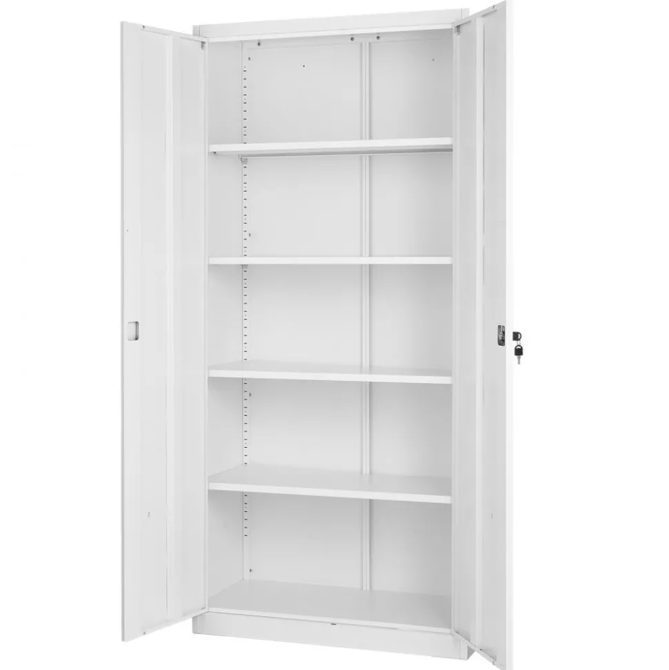 VEVOR Metal Storage Cabinet, 68.9 in Lockable Steel Garage Cabinet with 4 Adjustable Shelves, 2 Magnetic Doors, 2 Keys, 5 Tiers Tool Storage for Pantry, Warehouse, Basement, Laundry, Office, White