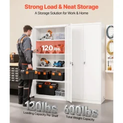 VEVOR Metal Storage Cabinet, 68.9 in Lockable Steel Garage Cabinet with 4 Adjustable Shelves, 2 Magnetic Doors, 2 Keys, 5 Tiers Tool Storage for Pantry, Warehouse, Basement, Laundry, Office, White