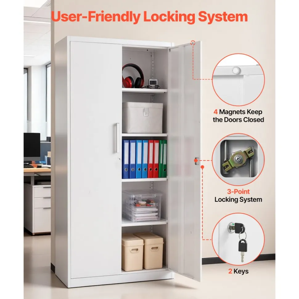 VEVOR Metal Storage Cabinet, 68.9 in Lockable Steel Garage Cabinet with 4 Adjustable Shelves, 2 Magnetic Doors, 2 Keys, 5 Tiers Tool Storage for Pantry, Warehouse, Basement, Laundry, Office, White